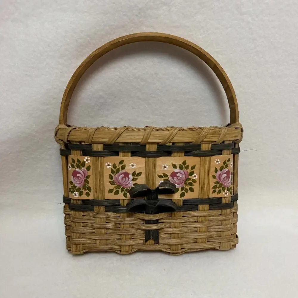 Vintage Hand-Painted Woven Wicker Splint Hanging Basket Floral Cottage Farmhouse